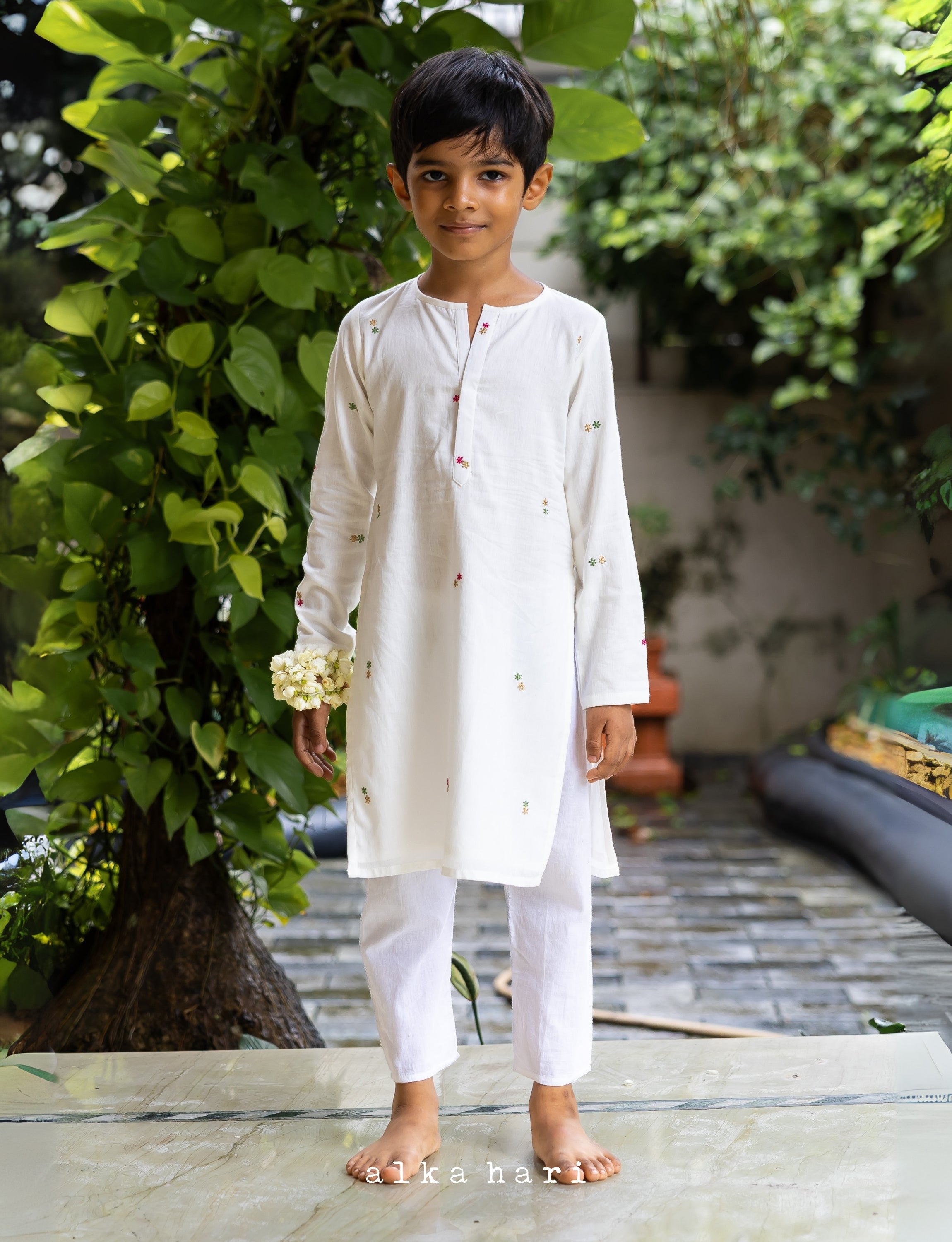 White Straight Kurta with Tiny Multi Color Motifs